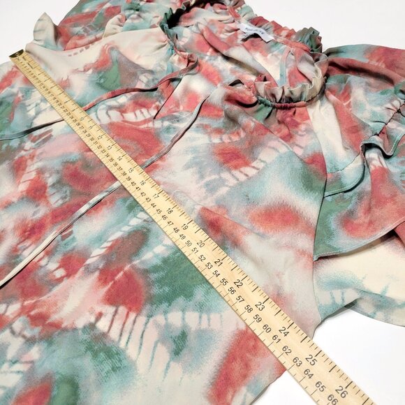 Rose & Olive Womens Flutter Short Sleeve Top Size 1X Tassel Neck Tie Dye Pastel - Picture 6 of 9